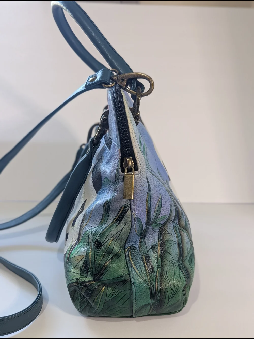 Anuschka Hand Painted Leather Satchel Panda Floral Crossbody Shoulder Bag Art